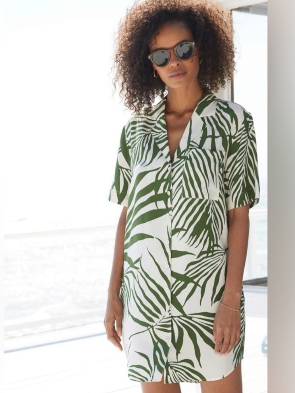 AYR Dress The Pool House Mini Button Down in Nopal Green Leaf